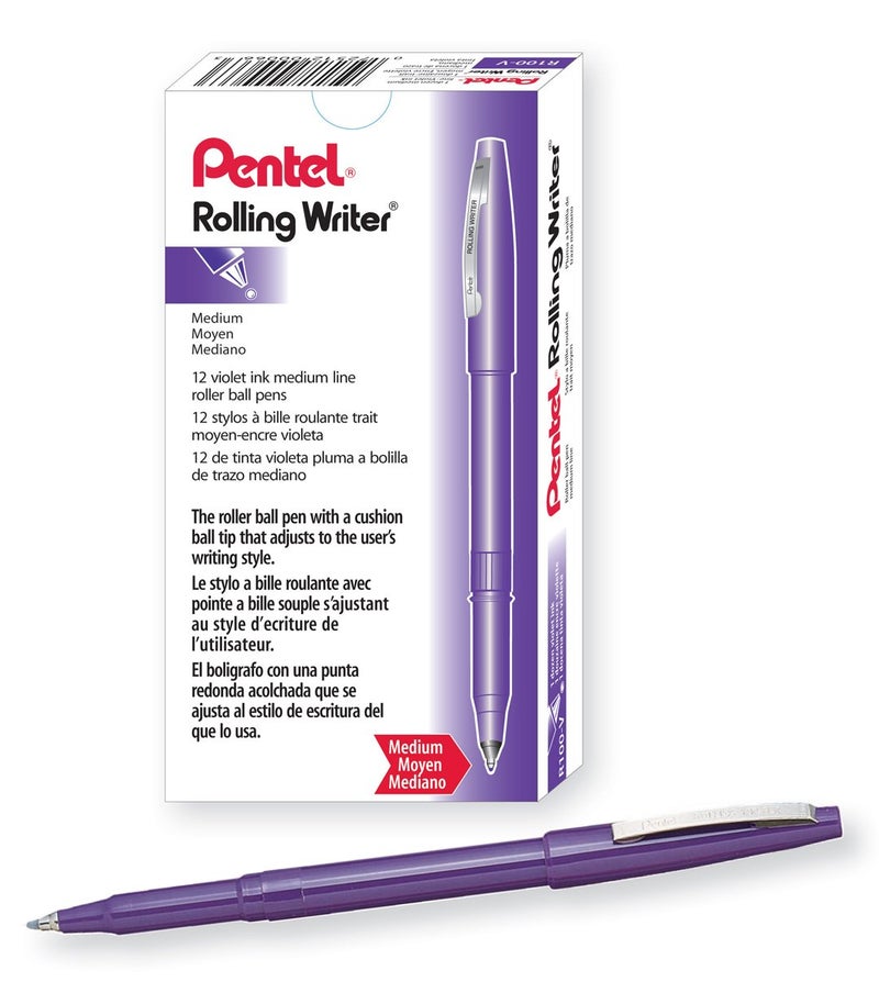 Pentel Rolling Writer Pen, 0.4Millimeter Cushion Ball Tip, Violet Ink, Box of 12 (R100-V)